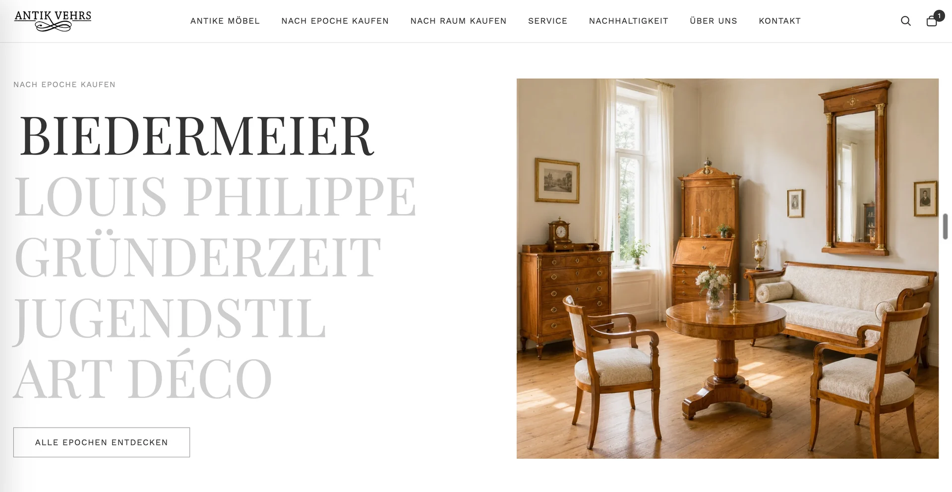 Antik Vehrs Online-Shop mit Biedermeier-Möbeln und Navigation nach Epochen und Räumen