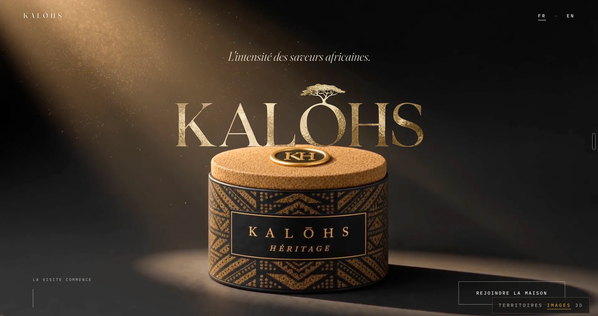 Kalōhs Markenwebsite mit goldener Wortmarke und schwarzer Produktdose im warmen Licht