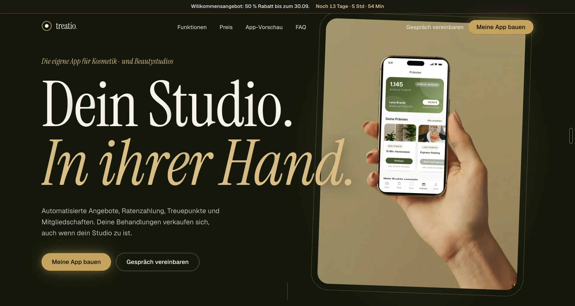 treatio Produktwebsite mit App-Vorschau für Kosmetik- und Beautystudios